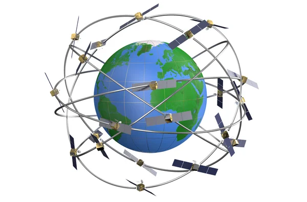 Космические спутники в эксцентричных орбитах вокруг земли — стоковое фото