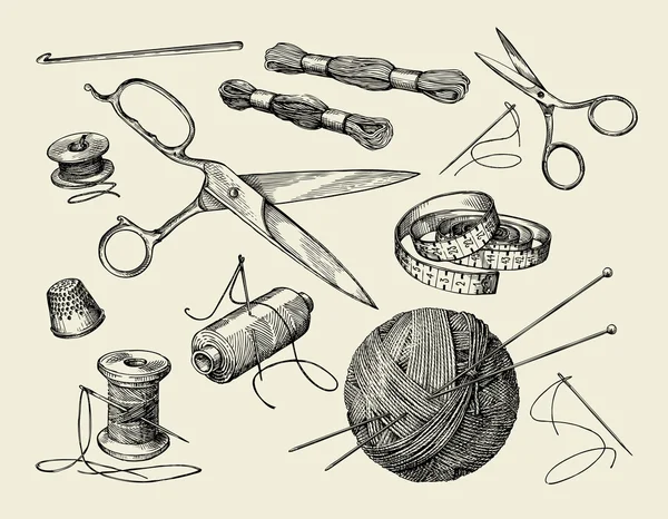 Швейные понятия. Рука нарисованные нить, иглы, ножницы, шар из пряжи, вязальные спицы, вязание крючком. Векторная иллюстрация — стоковый вектор
