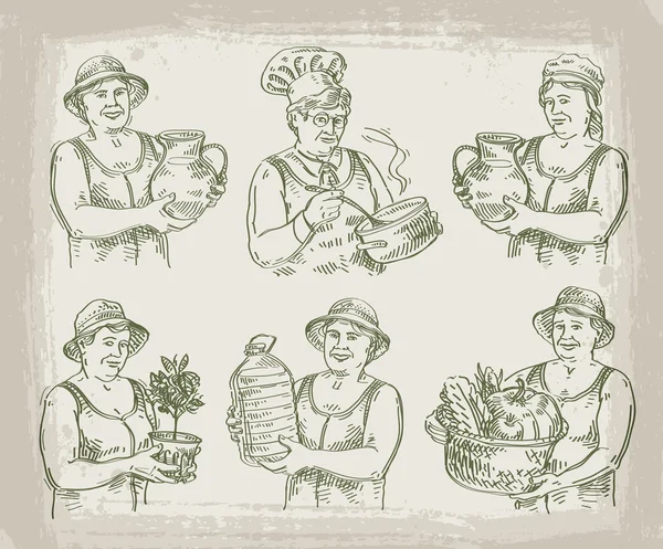 Набор рисованной эскиз повар, повар, садовник и фермер. Векторные иллюстрации — стоковый вектор