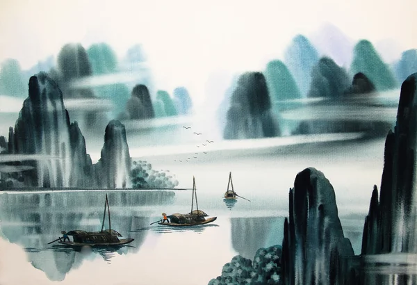 Китайский пейзаж акварелью — стоковое фото