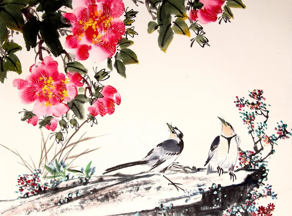 Китайская тушь роспись птицы и дерево — стоковое фото