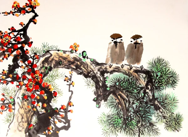 Китайская тушь роспись птицы и дерево — стоковое фото