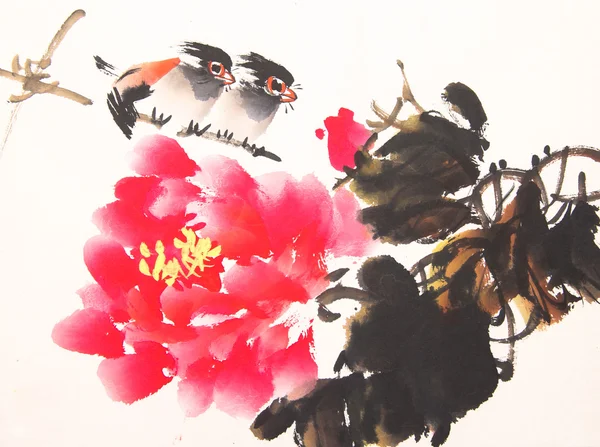 Китайская тушь картина птиц и растений — стоковое фото