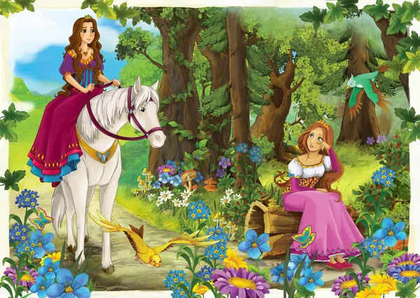 Мультфильм девочка верхом на белом коне — стоковое фото