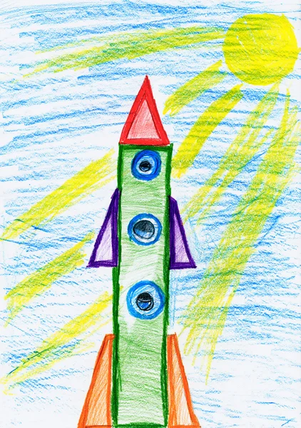 Космическая ракета на старте, дети графического объекта на бумаге, рука Обои искусство Фотография — стоковое фото