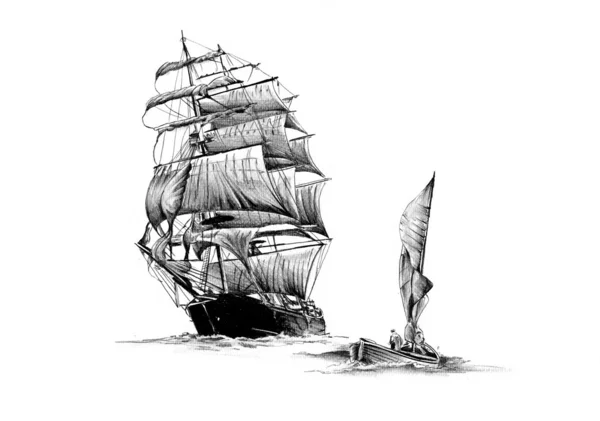 Античный катер морской мотив рисунок ручной работы — стоковое фото