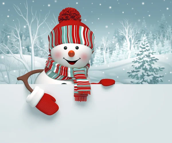 Мультипликационный снеговик, держащий чистый баннер — стоковое фото