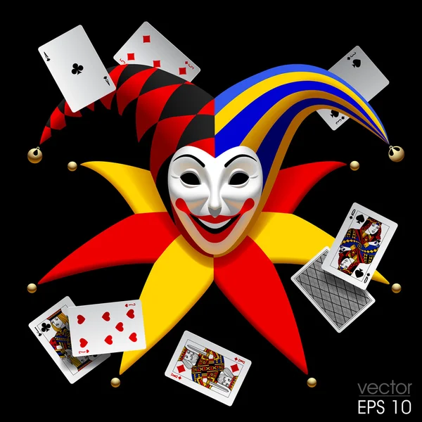 Joker head with playing cards isolated on black — стоковый вектор