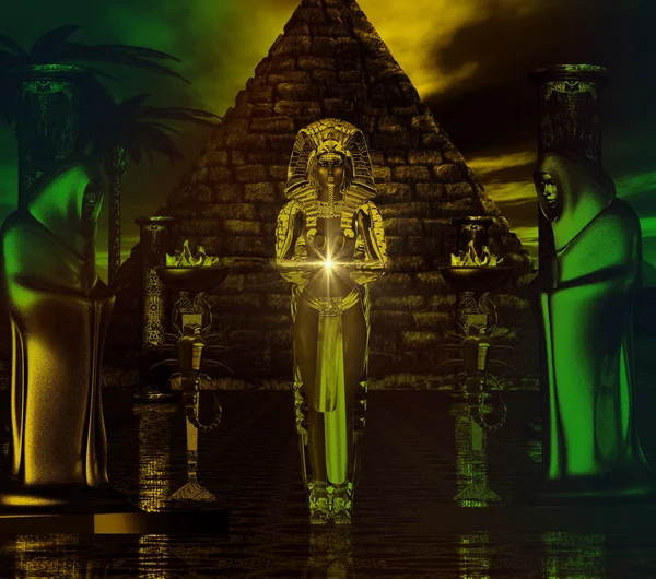Египетский храм. Призраки цифрового искусства фантазии сцене египетской пирамиды с жрицей и капюшоном цифры на ее стороне — стоковое фото