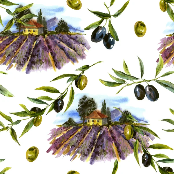 Акварель бесшовный паттерн с пейзаж лаванды и оливками — стоковое фото
