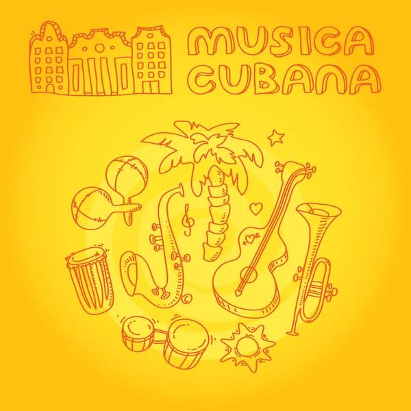 Кубинская музыкальная иллюстрация с музыкальными инструментами, пальмами, традиционной архитектурой — стоковое фото