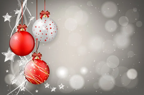 Красные и серебряные рождественские шары на солнечном фоне — стоковый вектор