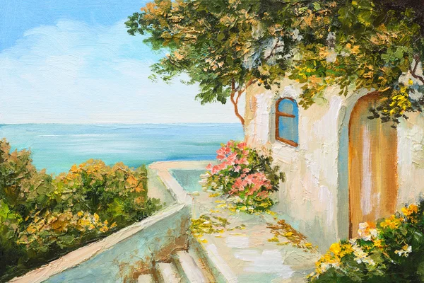 Картина маслом - дом возле моря, красочные цветы, Летний пейзаж — стоковое фото