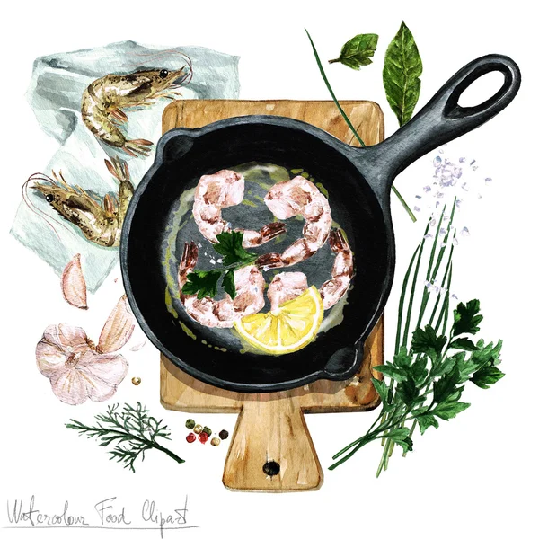 Акварель пищи клипарт - креветки на сковороде — стоковое фото