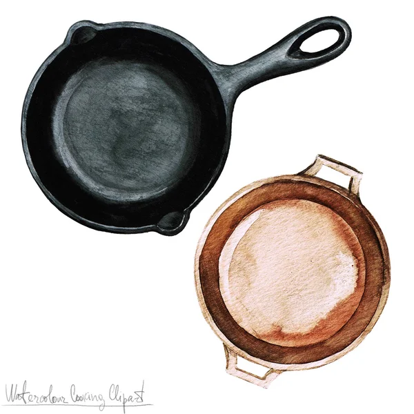Акварель приготовления клипарт - кастрюли и сковородки — стоковое фото