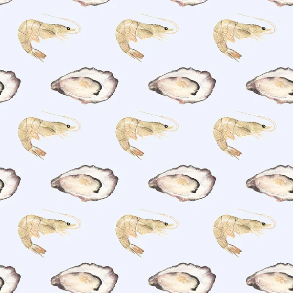 Oyster и креветки - морепродукты и морская кухня. Бесшовные акварель с устрицами и креветками — стоковое фото