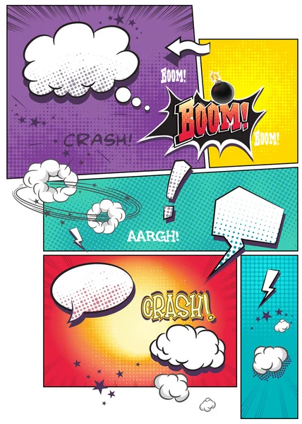 Изображения страниц комиксов с различными речи пузыри для текста, а также различные звуки на цветном фоне — стоковый вектор