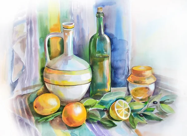 Акварельный натюрморт с цитрусовыми и маслинами — стоковое фото