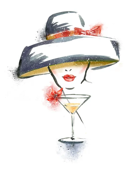 Женский портрет с шляпу и коктейль. Абстрактная акварель. Мода Иллюстрация. Красные губы. Приглашение на вечеринку. Коктейль-приём — стоковое фото