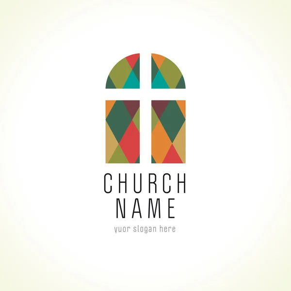 Church cross window logo, old arc window vector logo. — стоковый вектор