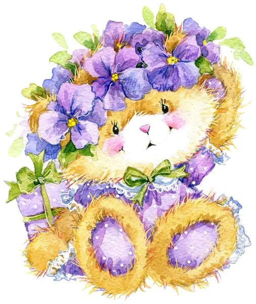 Игрушка плюшевый медведь и фиолетовые цветы. акварельный рисунок — стоковое фото