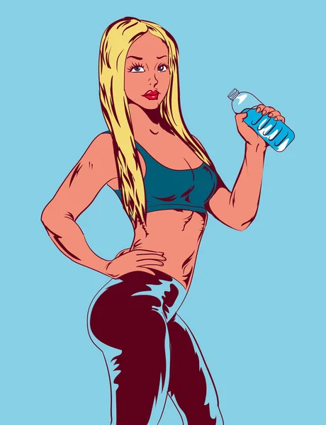 A sport blonde girl in the style of comic books with bottle of w — стоковый вектор