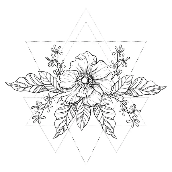 Hand drawn boho tattoo. Blackwork flower in hipster triangles fr — стоковый вектор