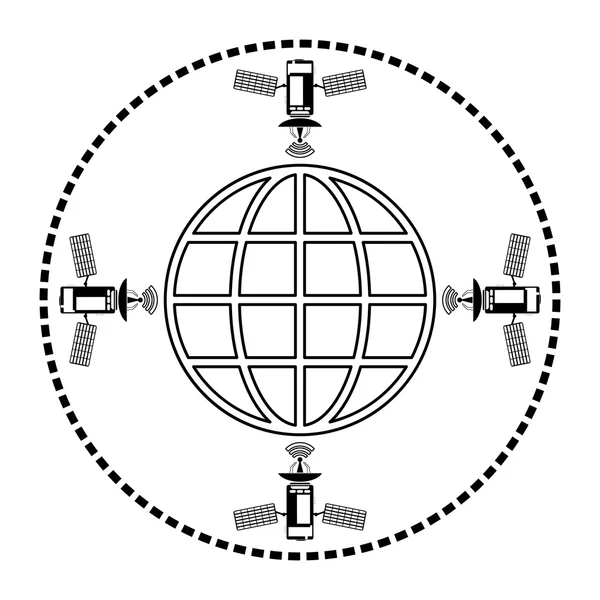 Четырех спутников на околоземной орбите, значок глобуса, черный силу — стоковый вектор