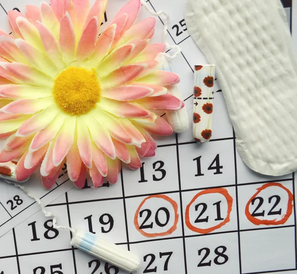 Календарь менструации с хлопковыми тампонами, оранжевой герберой и санитарными подушками — стоковое фото