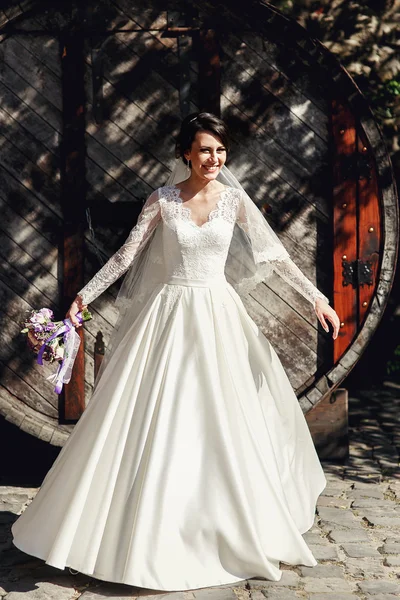 Красивая брюнетка невеста в белом платье — стоковое фото