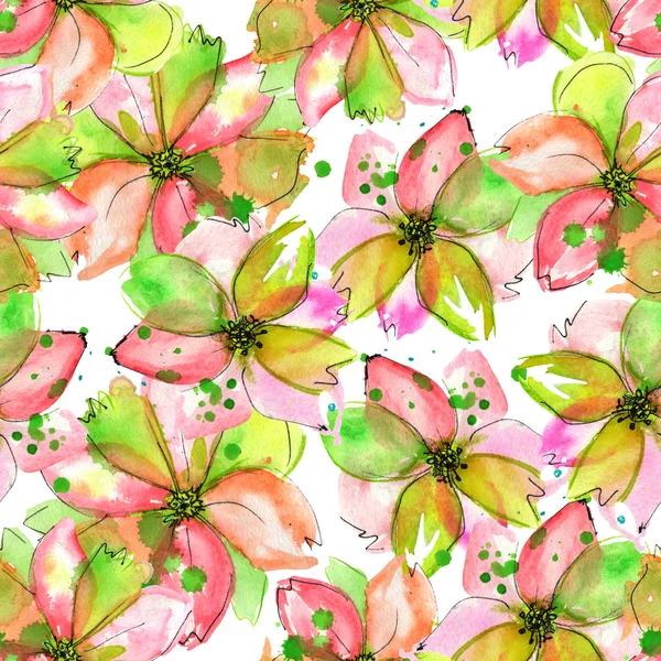 Шаблон с акварели нежные розовые и зеленые цветы с кляксы — стоковое фото