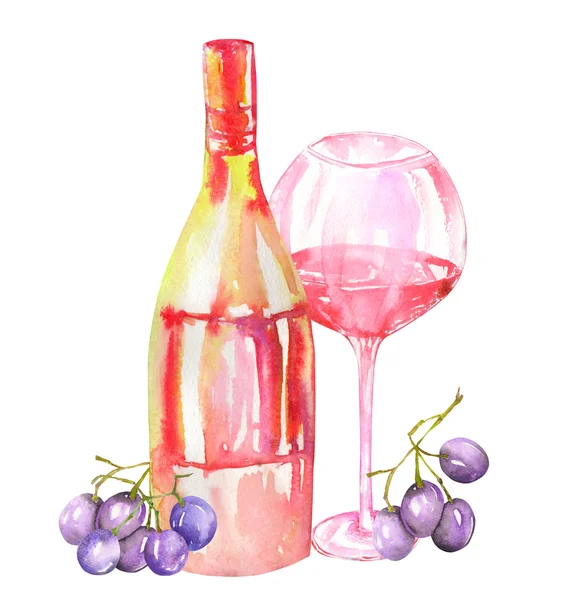 Изображение акварель красного вина (шампанское), бутылка синего винограда и стакан красного вина. Окрашенный ручной тяге в акварели на белом фоне — стоковое фото