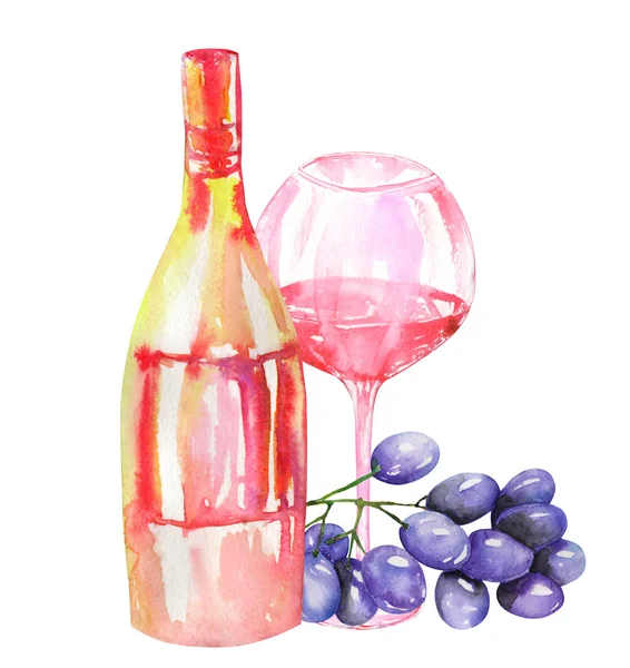 Изображение бутылки акварель красное вино (шампанское), букет из синего винограда и стакан красного вина. Окрашенный ручной тяге в акварели на белом фоне — стоковое фото