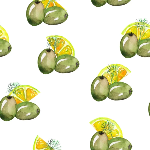 Бесшовные узор с зелеными оливками акварельными и лимонов — стоковое фото