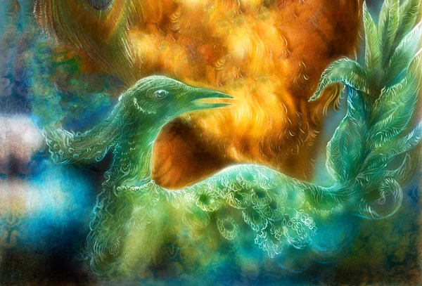 Красивые красочные картины лучистого феи изумрудно зеленый феникс птица, красочные декоративные фантазии живопись — стоковое фото