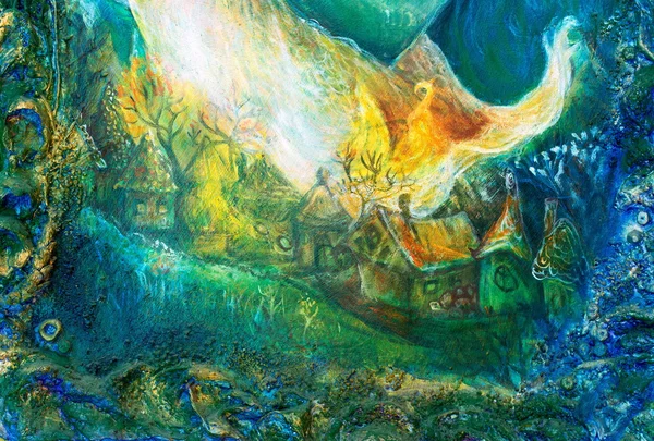 Красочная структурированная картина из сказки лесной деревни с белыми пламенем — стоковое фото