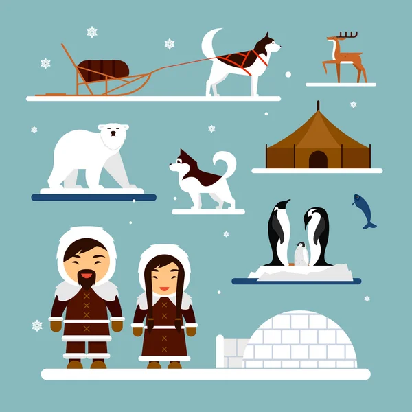 Vector set of eskimo characters with igloo house, dog, white bear and penguins. People in traditional eskimos costume, arctic animals — стоковый вектор