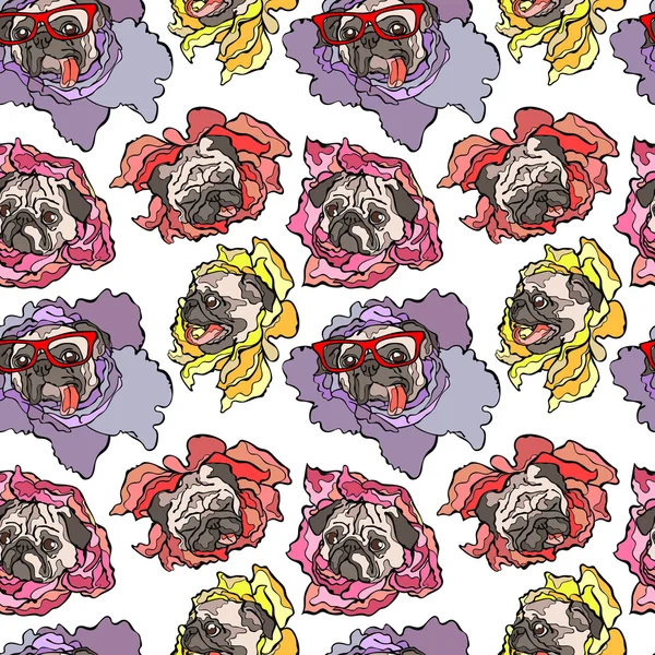 Dog. Pug. Flower. Seamless vector pattern (background). — стоковый вектор