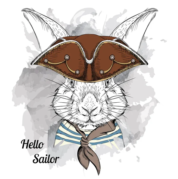 Portrait of rabbit in sailor hat. Vector illustration. — стоковый вектор