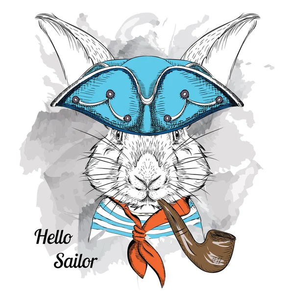 Portrait of rabbit in sailor hat and with tobacco pipe. Vector illustration. — стоковый вектор
