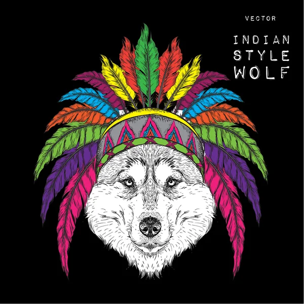 Wolf in the Indian roach. Indian feather headdress of eagle. Hand draw ve