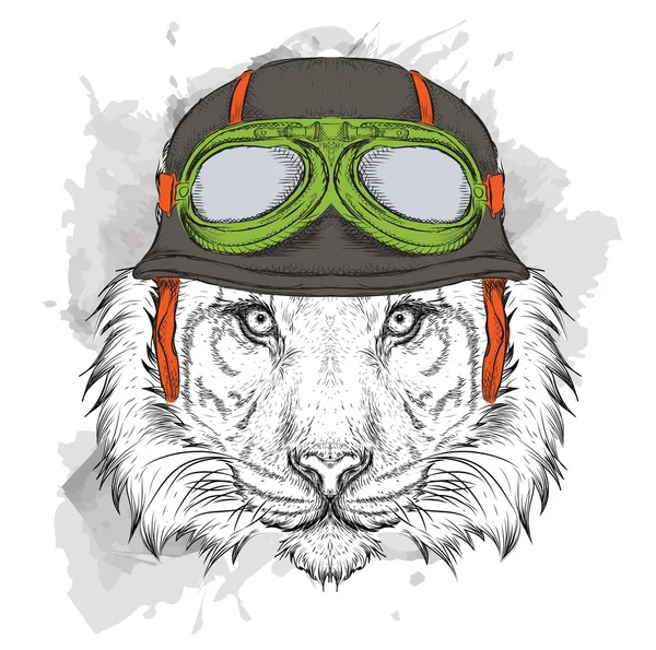 The poster with the portrait of the tiger wearing the motorcycle helmet. Vector illustration. — стоковый вектор