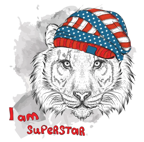 Hand draw tiger in a USA hat. Vector illustration — стоковый вектор