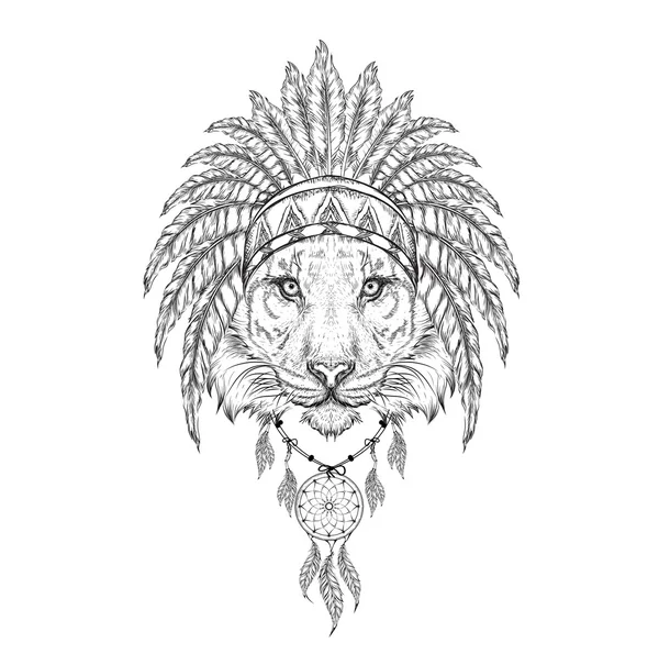 Tiger in the Indian roach. Indian feather headdress of eagle. Hand draw vector illustration — стоковый вектор