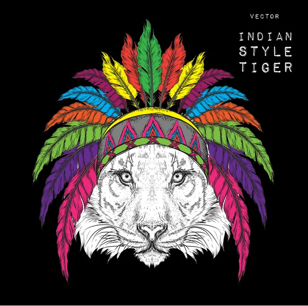 Tiger in the Indian roach. Indian feather headdress of eagle. Hand draw vector illustration — стоковый вектор