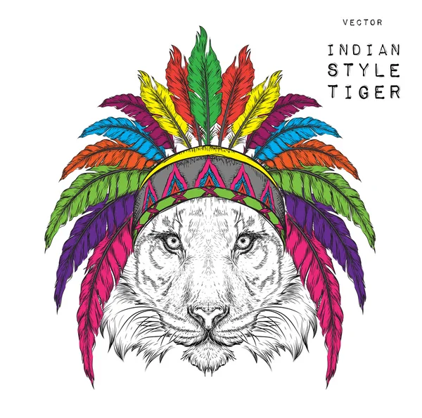 Tiger in the Indian roach. Indian feather headdress of eagle. Hand draw vector illustration — стоковый вектор