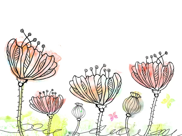 Абстрактные рисованной цветы Акварель помарки в стиле каракули — стоковое фото