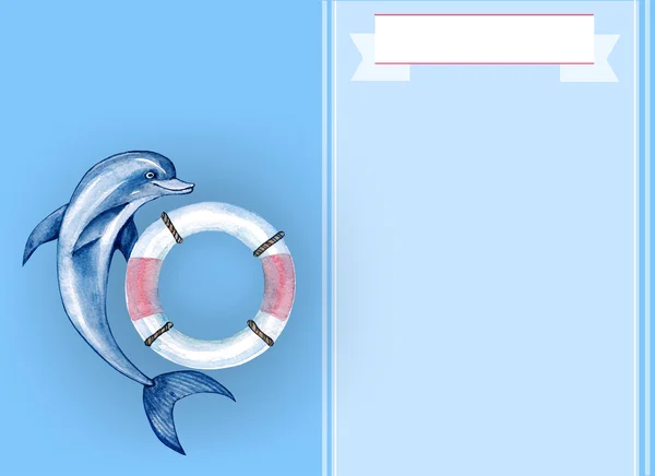 Дельфины и спасательный круг акварель векторные иллюстрации. Винтаж fr — стоковое фото