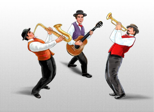 Musicians saxophonist, trumpet player, guitarist. Retro music illustration — стоковое фото