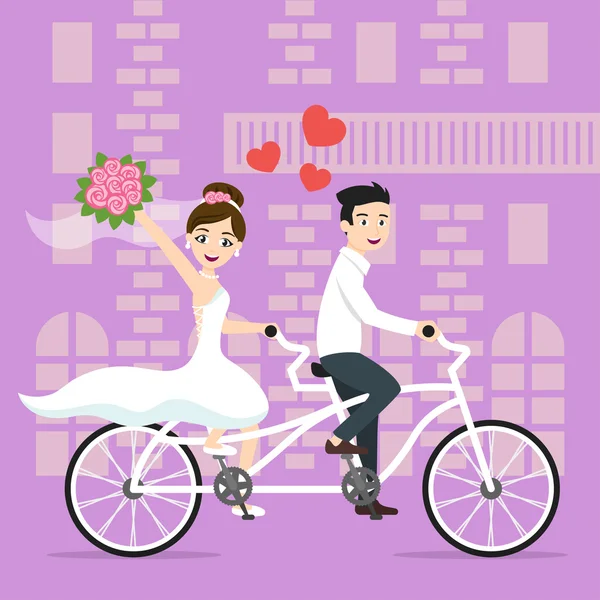 Vector illustration of young happy newlyweds bride and groom riding on bicycle — стоковый вектор